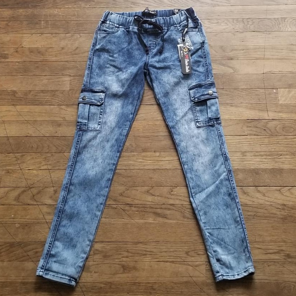 Cargo Pocket Denim Drawstring Marble Wash Jeans